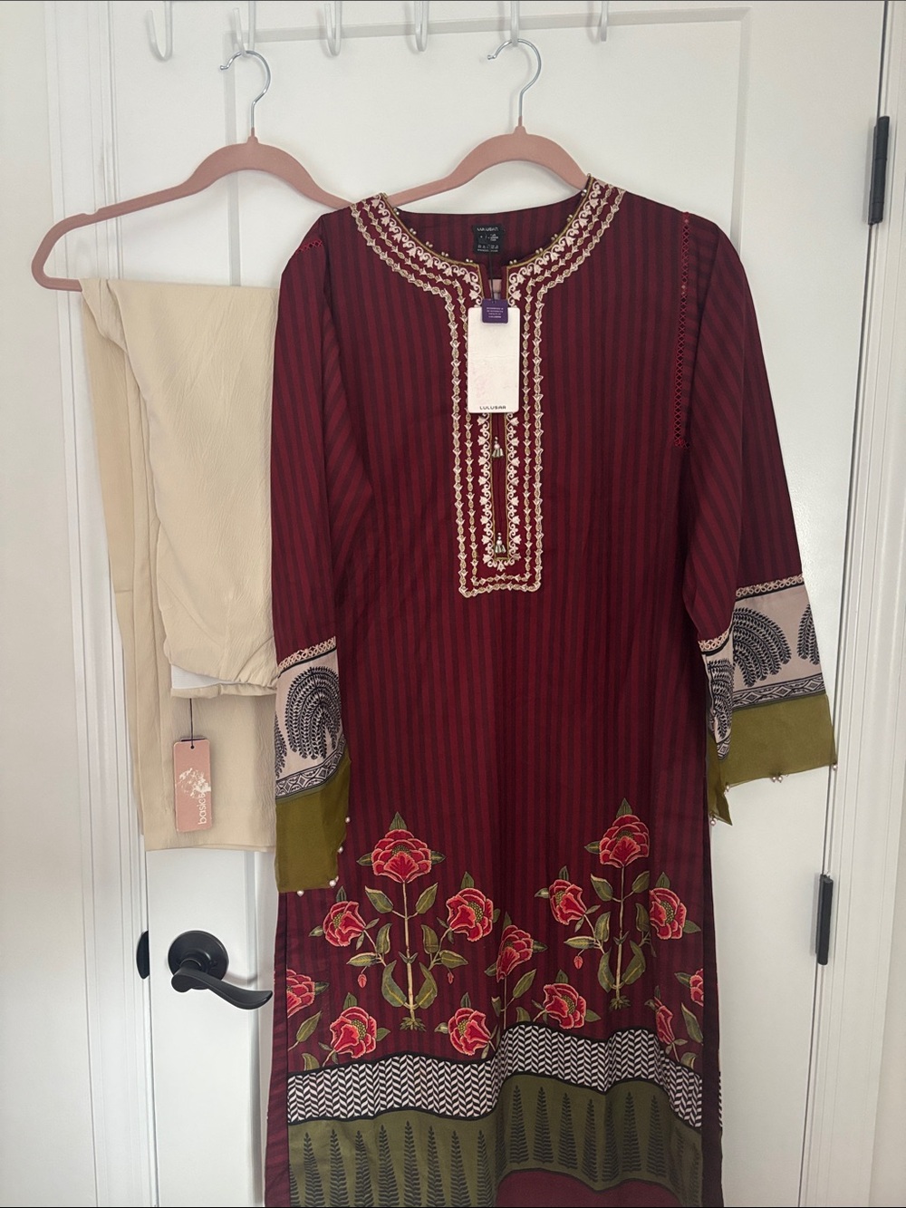 Maroon Embroidered Long Sleeve Floral Dress with Contrast Accents